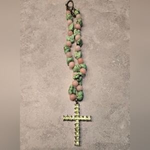 Light Green and Pink Beaded Cross Necklace